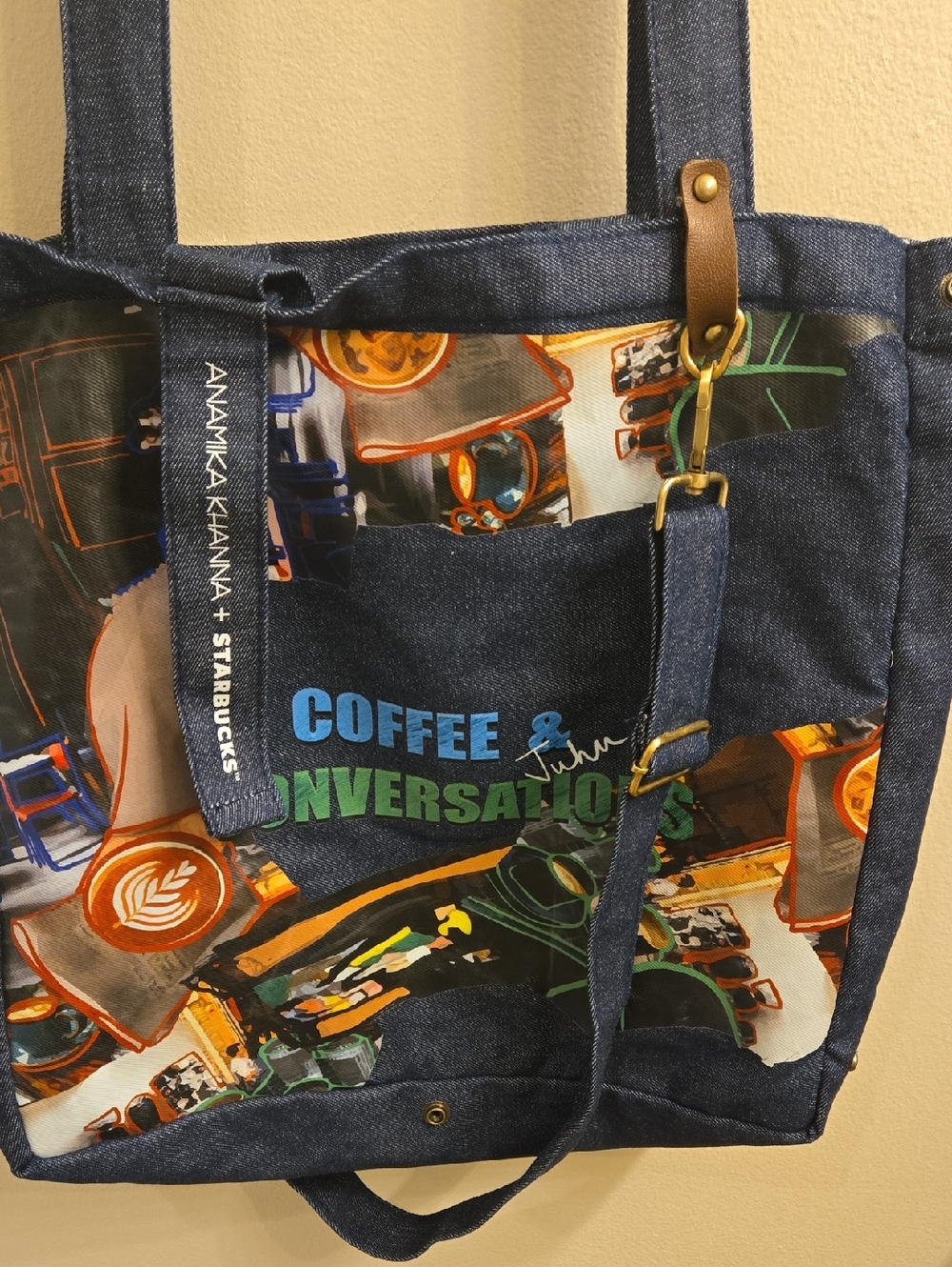 Starbucks Denim Blue Tote with Multicolor Coffee Print
